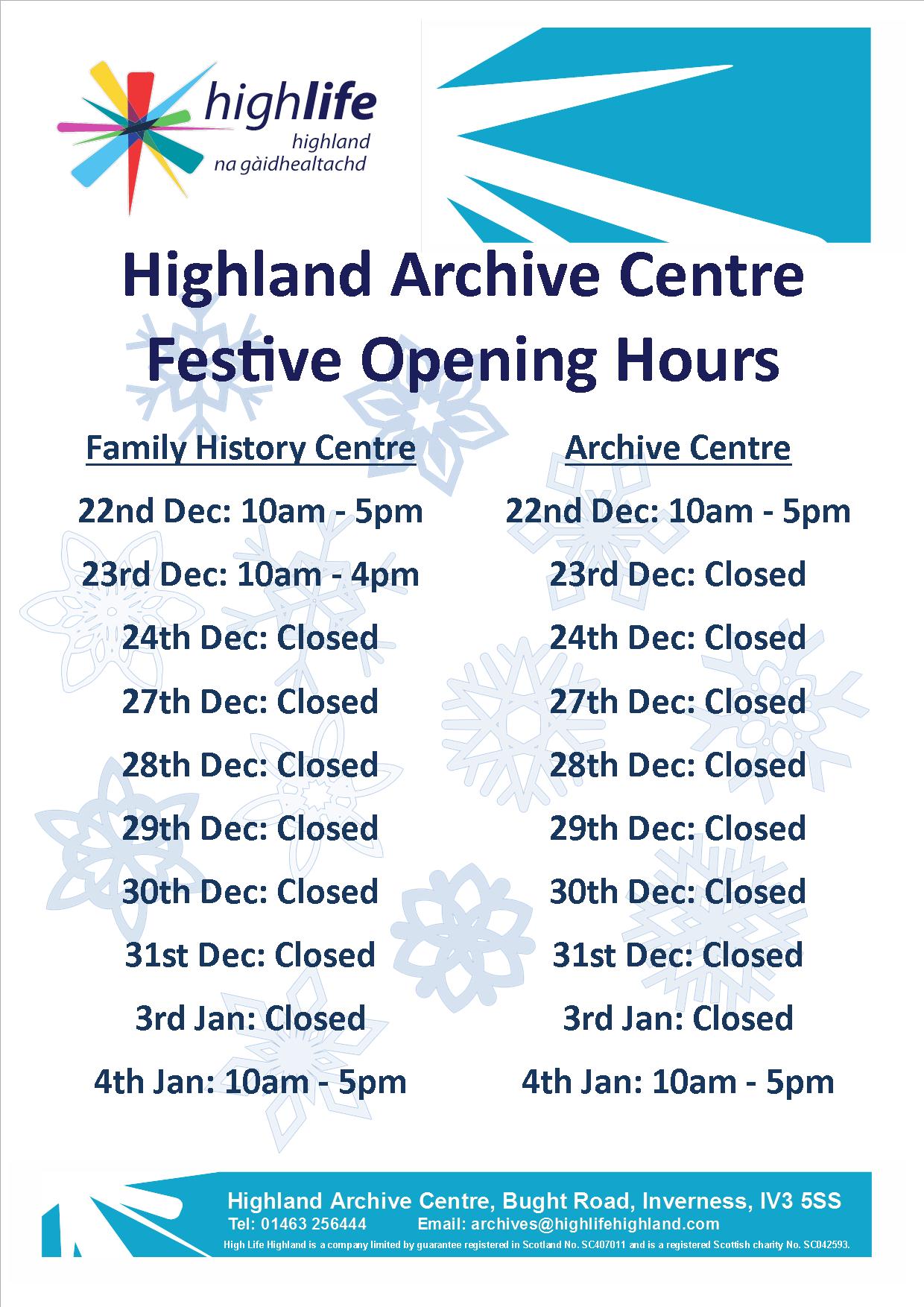 Highland Archive Centre festive opening times Highland Archive Centre